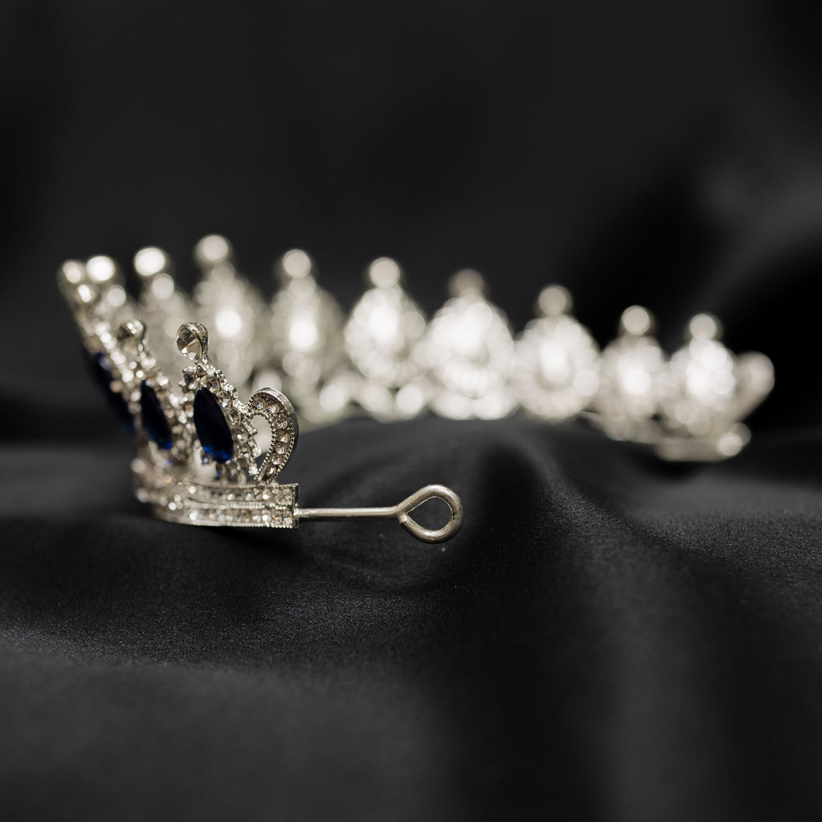 Saya's Tiara in Royal Blue & Silver with blue teardrop crystals and sparkling clear rhinestone crown_looped end