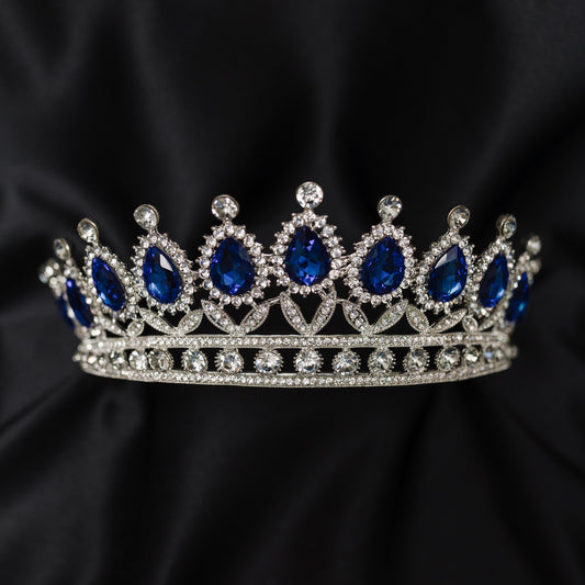 Saya's Tiara in Royal Blue & Silver with blue teardrop crystals and sparkling clear rhinestone crown _ Front