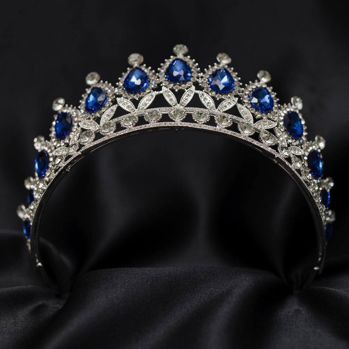 Saya's Tiara in Royal Blue & Silver with blue teardrop crystals and sparkling clear rhinestone crown_Bottom
