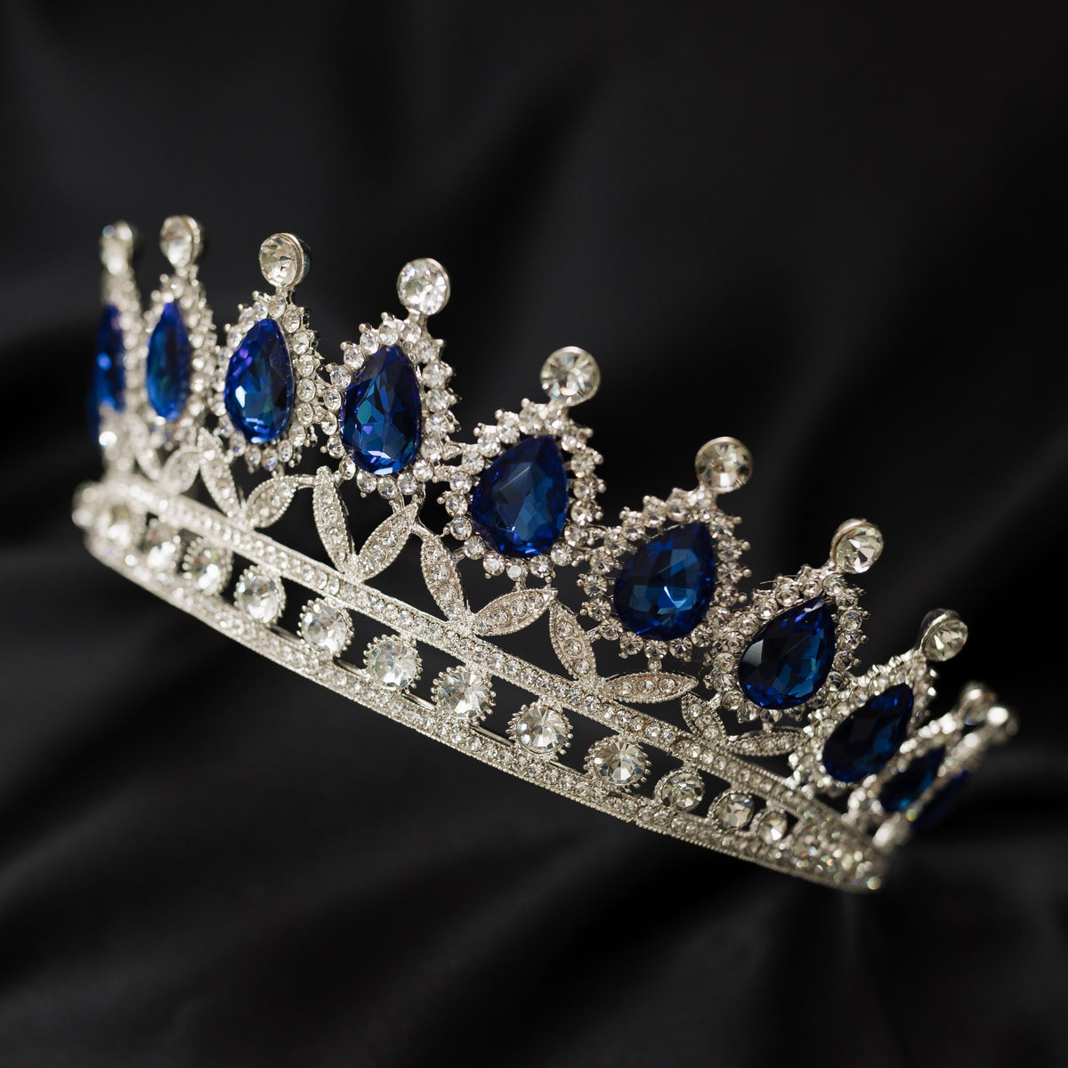 Saya's Tiara in Royal Blue & Silver with blue teardrop crystals and sparkling clear rhinestone crown_ Front angle view
