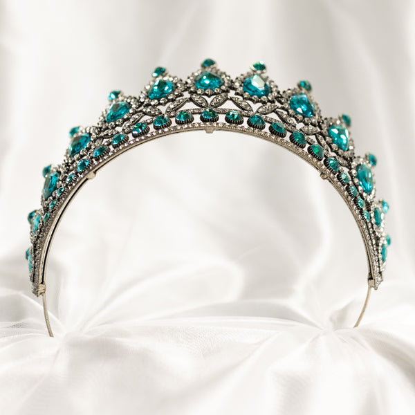 Saya's Tiara in Aquamarine Teal Blue & Antique Gold