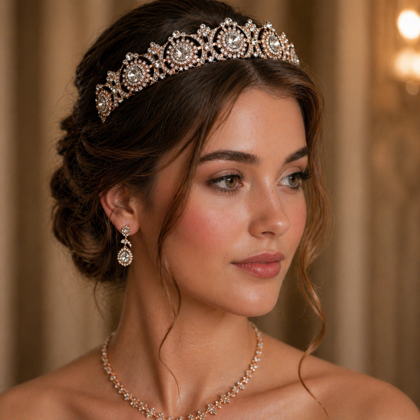 portrait of a woman wearing a rose gold tiara with circular crystal details, styled with a soft updo hairstyle, warm natural makeup, and matching delicate jewelry against a softly lit neutral background