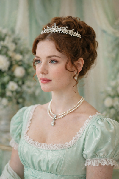 Woman in a vintage-style dress with a tiara and pearl necklace, surrounded by floral decorations - Silver tiara - small crystals with silver metal details in triangular shape 