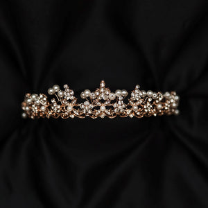 Amber's tiara in rose gold with pearl accents, flowers shaped with crystals - Front