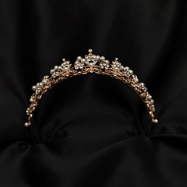 Amber's tiara in rose gold with pearl accents, flowers shaped with crystals - Bottom