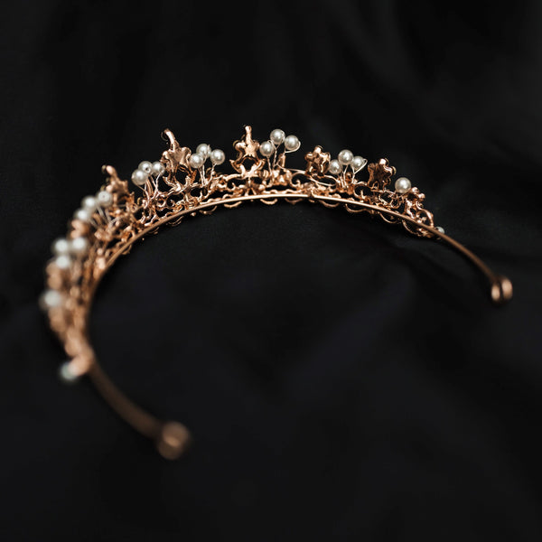 Amber's tiara in rose gold with pearl accents, flowers shaped with crystals - Back