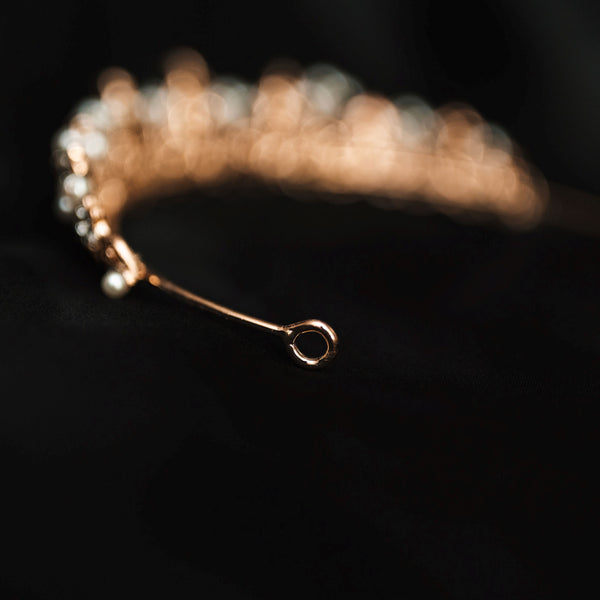 Amber's tiara in rose gold with pearl accents, flowers shaped with crystals - End