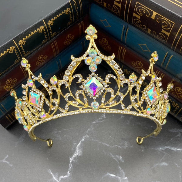 Angela's Tiara - Yellow Gold Color Metal, Iridescent Clear Crystals, Square Shape Crystals, Circle Shape Crystals - Front