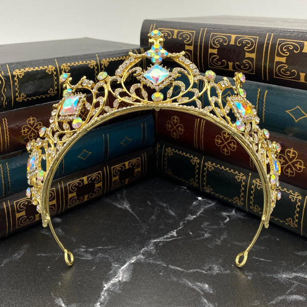 Angela's Tiara - Yellow Gold Color Metal, Iridescent Clear Crystals, Square Shape Crystals, Circle Shape Crystals - Bottom
