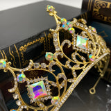Angela's Tiara - Yellow Gold Color Metal, Iridescent Clear Crystals, Square Shape Crystals, Circle Shape Crystals - Close Up Detail