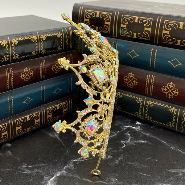 Angela's Tiara - Yellow Gold Color Metal, Iridescent Clear Crystals, Square Shape Crystals, Circle Shape Crystals - Side