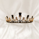 Bianca's Tiara - Black color crystals, yellow gold color metal, five spire design, flower designs from black and gray color crystals - Front