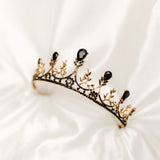 Bianca's Tiara - Black color crystals, yellow gold color metal, five spire design, flower designs from black and gray color crystals - Angle View 