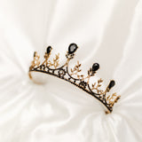Bianca's Tiara - Black color crystals, yellow gold color metal, five spire design, flower designs from black and gray color crystals - Angle View 