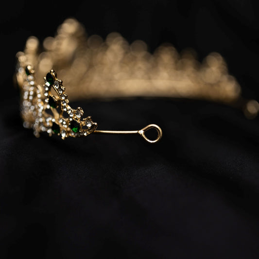 Brianna's Tiara in Green Color Crystals Faux Emerald, Faux Diamond Clear Crystal, Gold Color Metal, Large Size - End