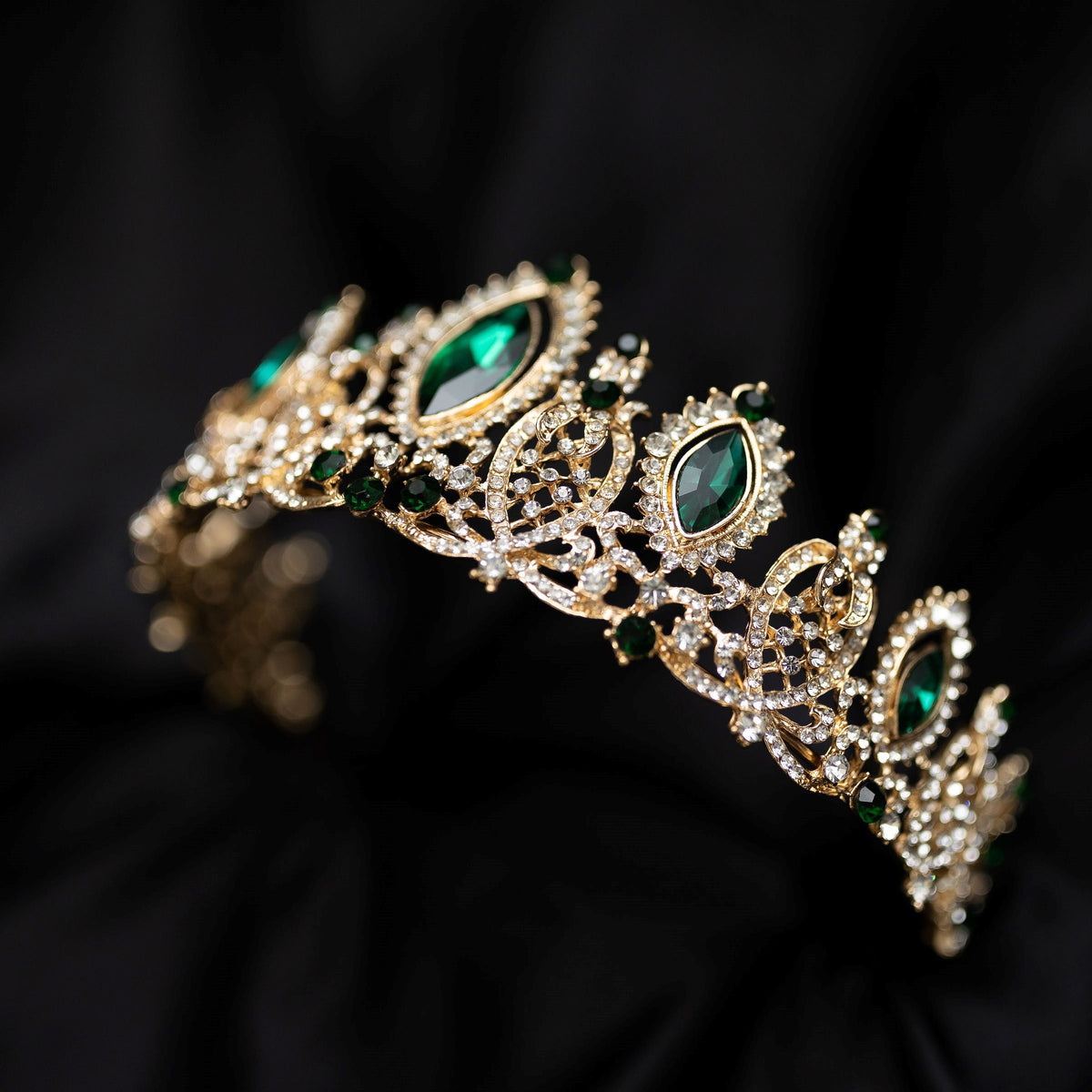 Brianna's Tiara in Green Color Crystals Faux Emerald, Faux Diamond Clear Crystal, Gold Color Metal, Large Size - Angle View