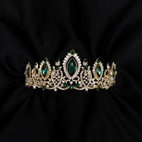 Brianna's Tiara in Green Color Crystals Faux Emerald, Faux Diamond Clear Crystal, Gold Color Metal, Large Size - Front
