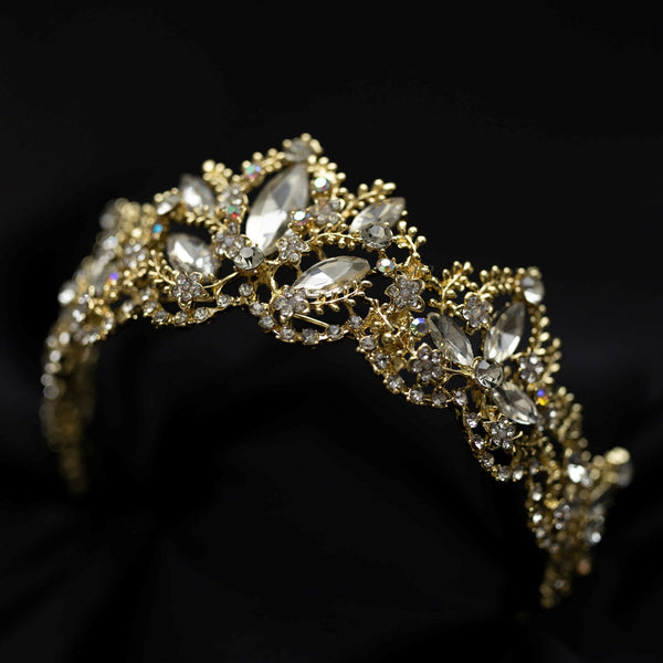 Chloe's Tiara in Gold color metal, faux diamond clear crystal, medium size, eastern european style - Angle View 