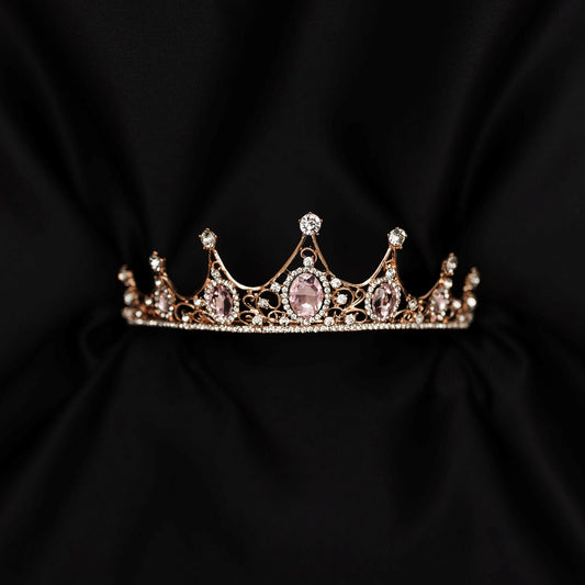 Cindy's Tiara Pink - Rose gold pink metal with 7 spikes with round clear crystals and oval pink crystals - Front