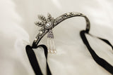Georgie - Georgie's Tiara in Silver - 1920s flapper style hair accessory, faux pearls faux diamonds, Leaf design -  Angle Bottom