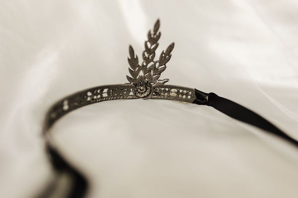Georgie - Georgie's Tiara in Silver - 1920s flapper style hair accessory, faux pearls faux diamonds, Leaf design -  back