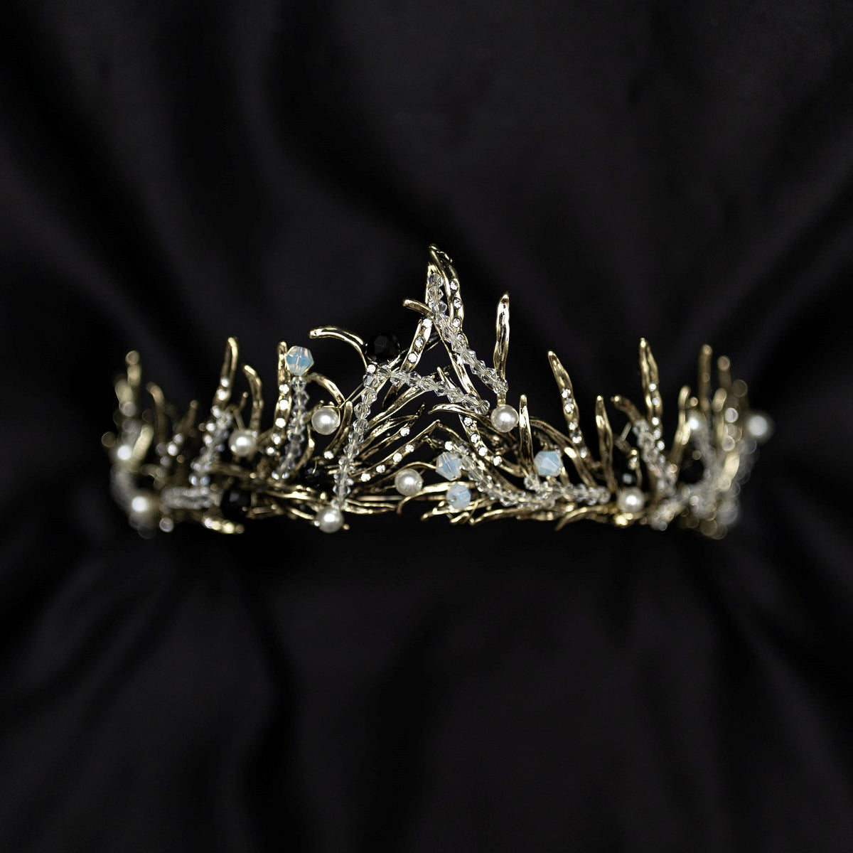 Gilda's Tiara - Antique gold color metal, clear bead embellishment, faux white pearl detail, spikey tips, boho fantasy cosplay style - Front