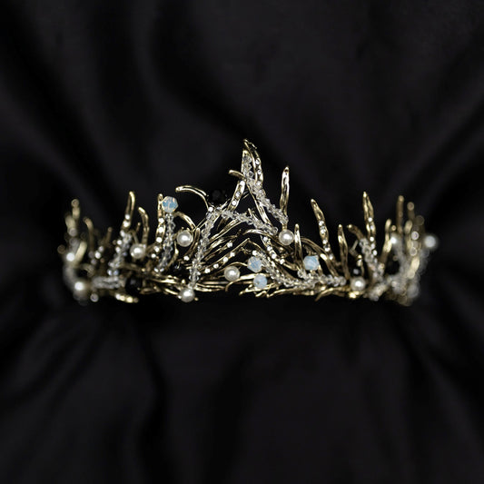 Gilda's Tiara - Antique gold color metal, clear bead embellishment, faux white pearl detail, spikey tips, boho fantasy cosplay style - Front