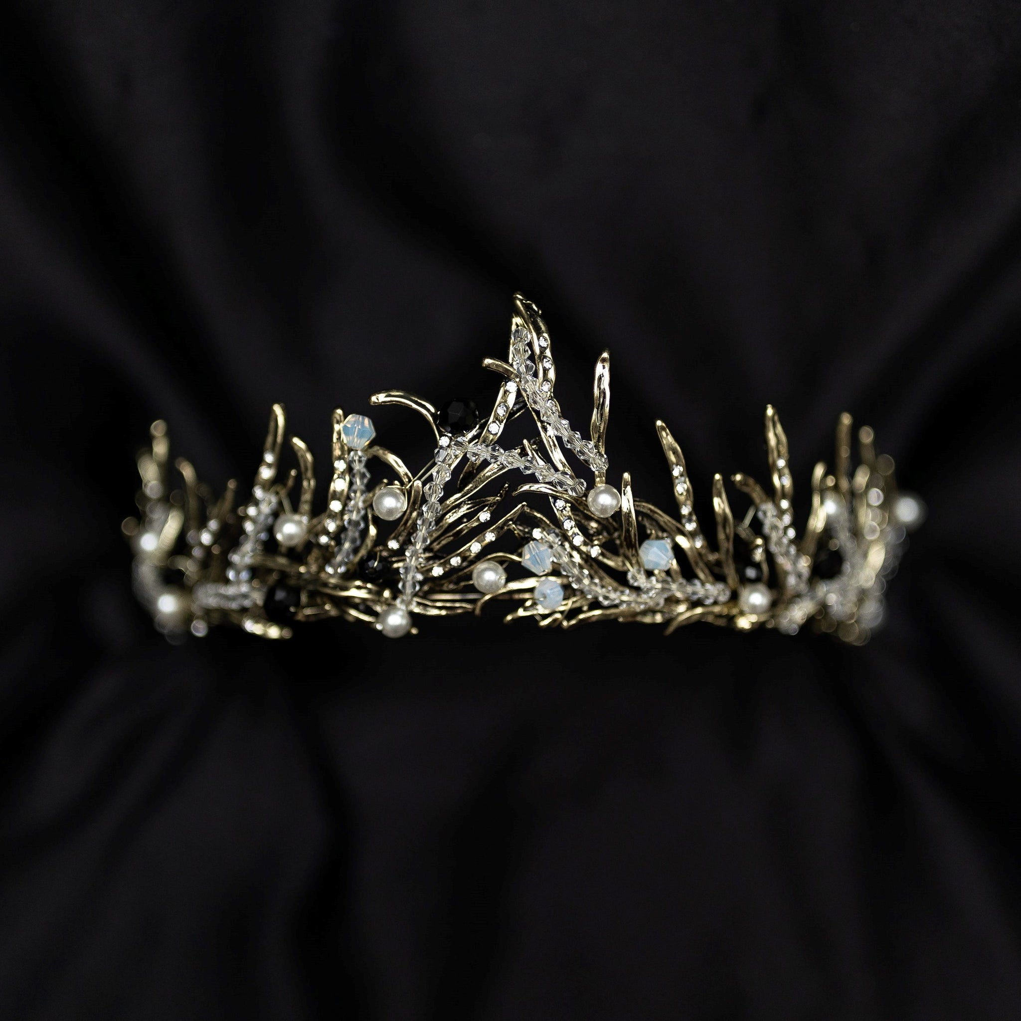 Gilda's Tiara - Antique gold color metal, clear bead embellishment, faux white pearl detail, spikey tips, boho fantasy cosplay style - Front