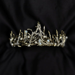 Gilda's Tiara - Antique gold color metal, clear bead embellishment, faux white pearl detail, spikey tips, boho fantasy cosplay style - Front