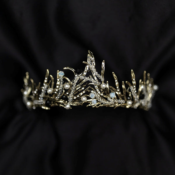 Gilda's Tiara - Antique gold color metal, clear bead embellishment, faux white pearl detail, spikey tips, boho fantasy cosplay style - Front