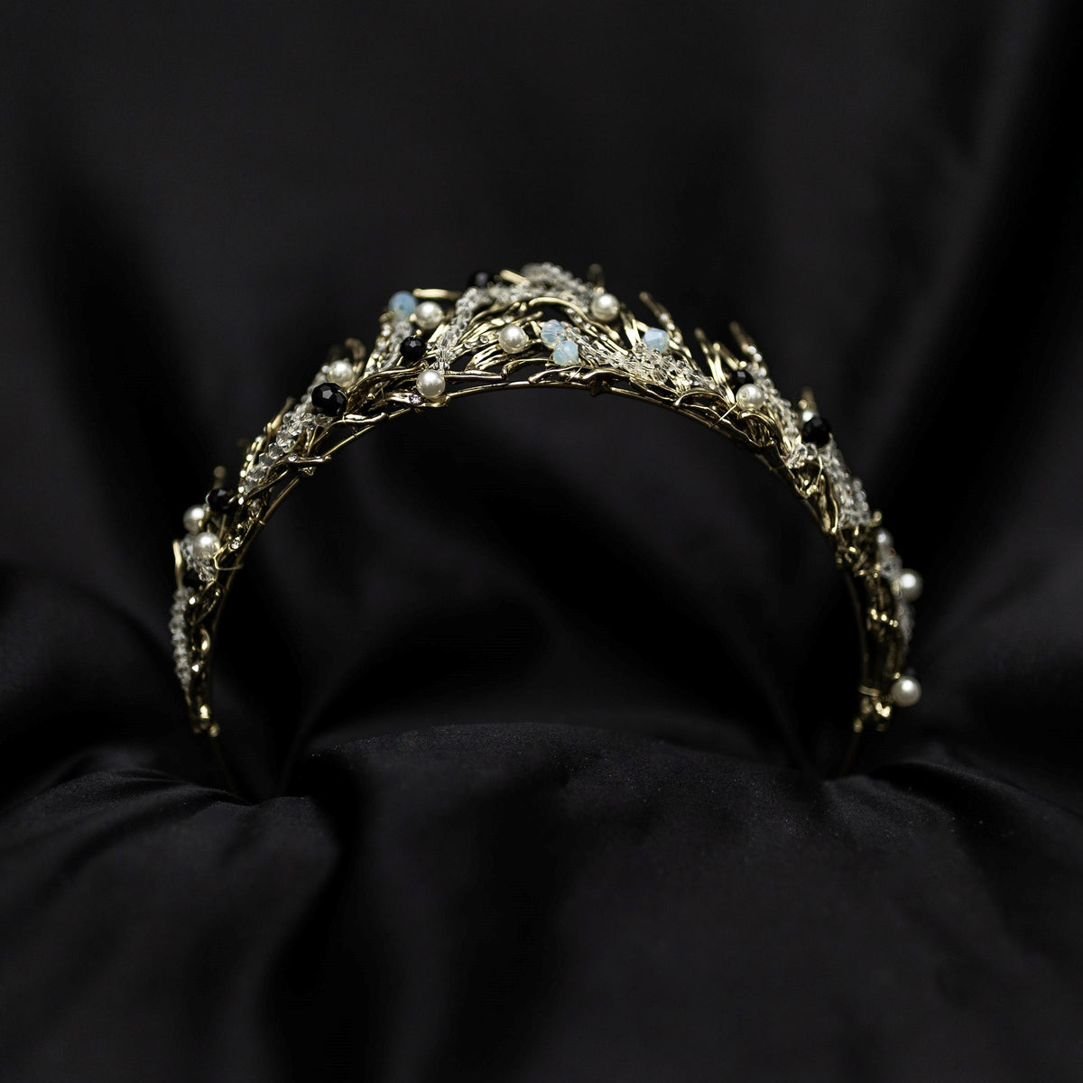 Gilda's Tiara - Antique gold color metal, clear bead embellishment, faux white pearl detail, spikey tips, boho fantasy cosplay style - Bottom