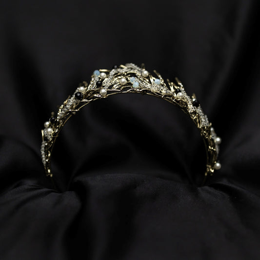 Gilda's Tiara - Antique gold color metal, clear bead embellishment, faux white pearl detail, spikey tips, boho fantasy cosplay style - Bottom