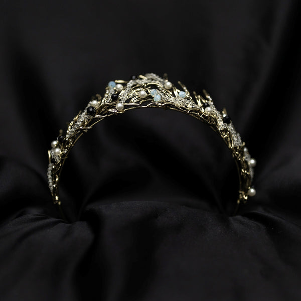 Gilda's Tiara - Antique gold color metal, clear bead embellishment, faux white pearl detail, spikey tips, boho fantasy cosplay style - Bottom