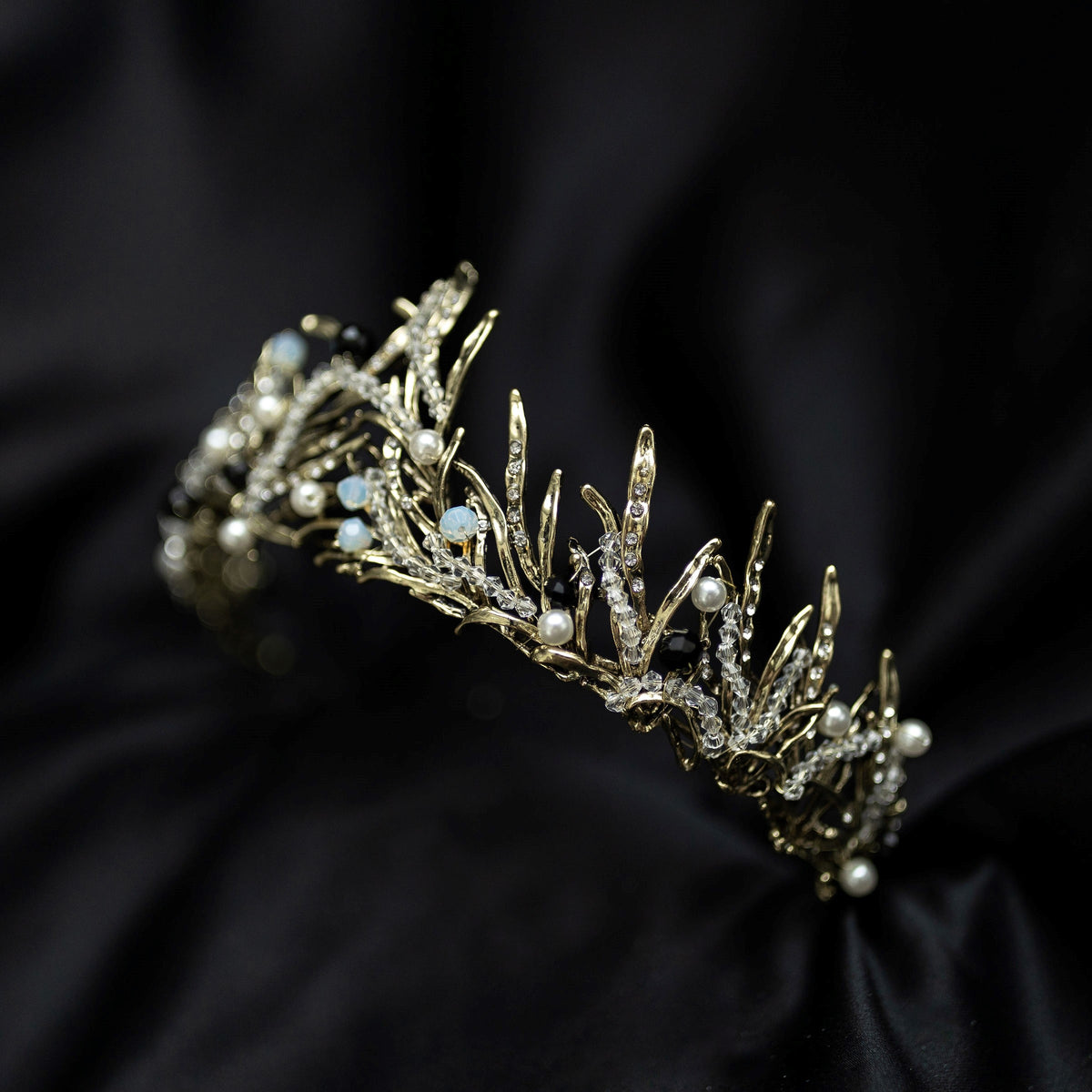 Gilda's Tiara - Antique gold color metal, clear bead embellishment, faux white pearl detail, spikey tips, boho fantasy cosplay style - Angle view