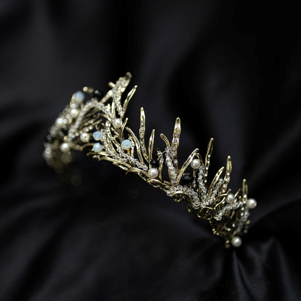 Gilda's Tiara - Antique gold color metal, clear bead embellishment, faux white pearl detail, spikey tips, boho fantasy cosplay style - Angle view