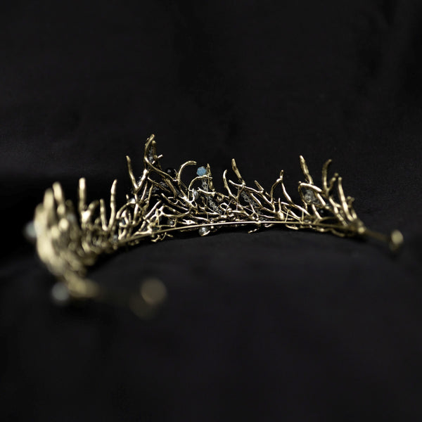 Gilda's Tiara - Antique gold color metal, clear bead embellishment, faux white pearl detail, spikey tips, boho fantasy cosplay style - back