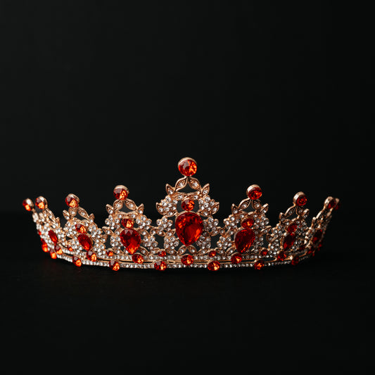 Ophelia's Tiara in Red & Gold - Tear Drop Red Central red stones with circle red stones and small clear stones throughout set on yellow gold color metal - Front View 