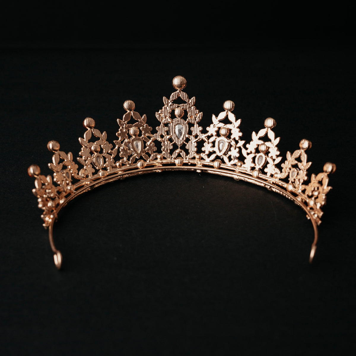 Ophelia's Tiara in Red & Gold - Tear Drop Red Central red stones with circle red stones and small clear stones throughout set on yellow gold color metal - Rear Side View