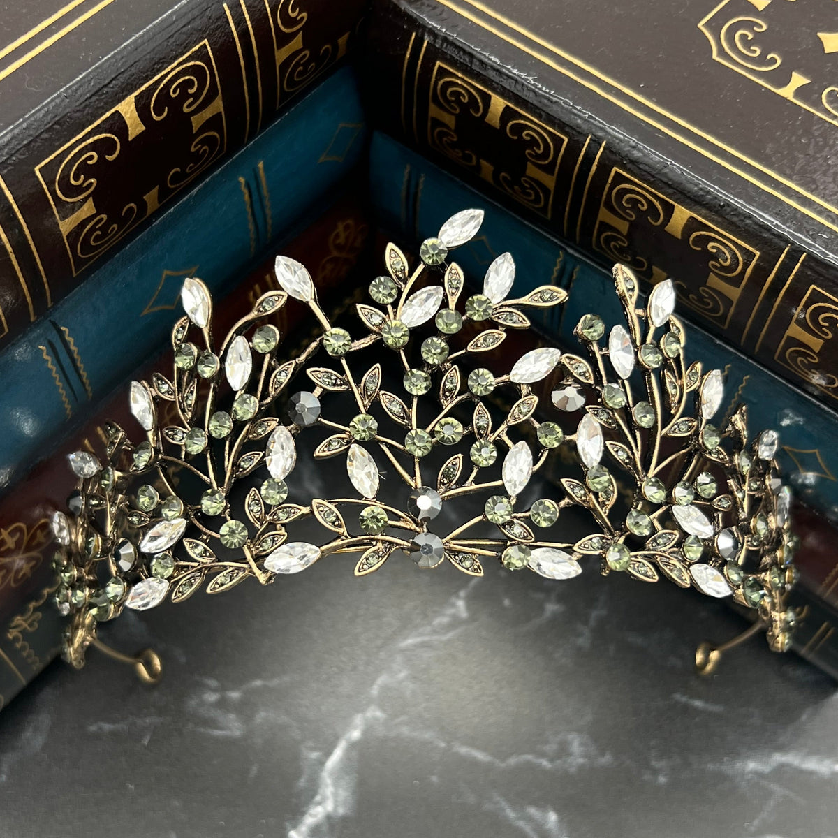 Antique Gold Finished metal with clear and gray crystals in vine design _1
