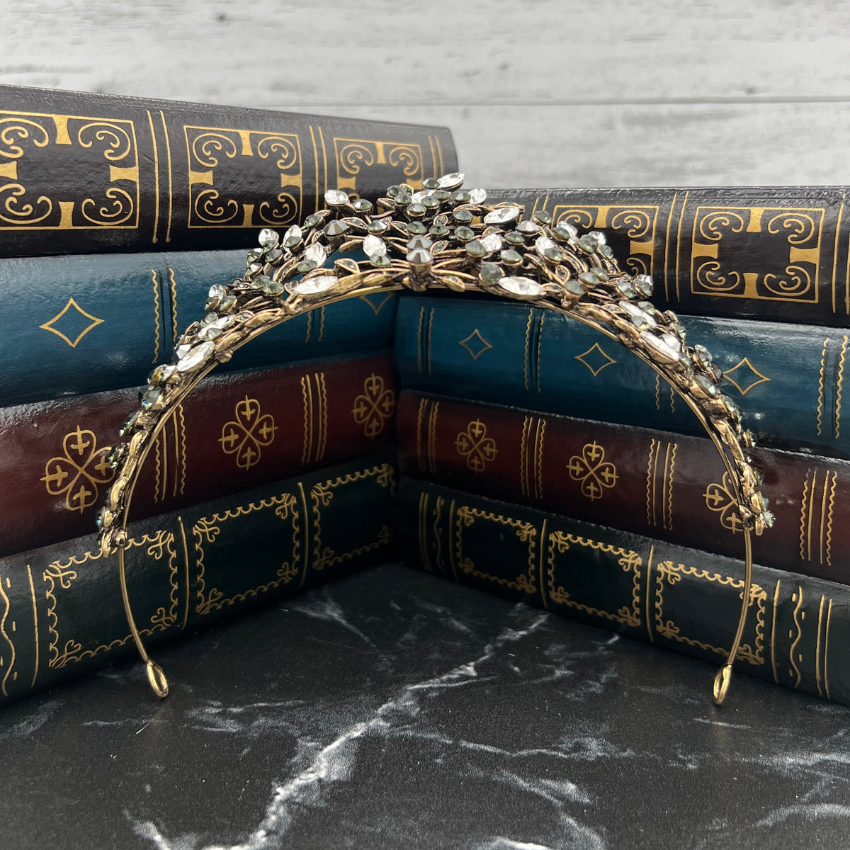Antique Gold Finished metal with clear and gray crystals in vine design _ Bottom
