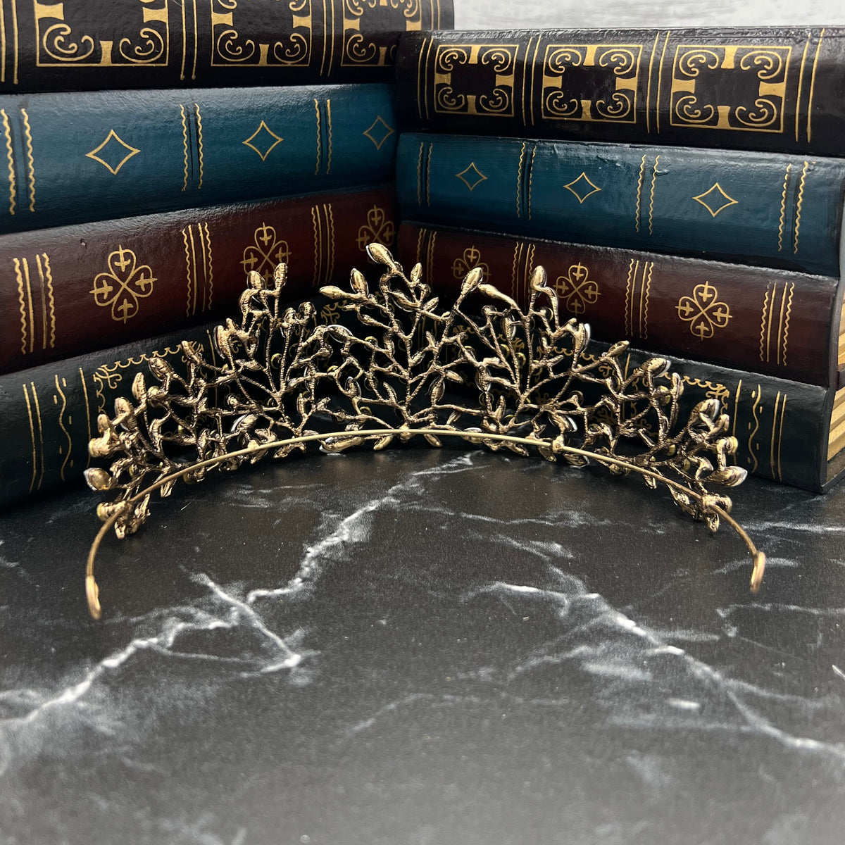 Antique Gold Finished metal with clear and gray crystals in vine design _Rear View