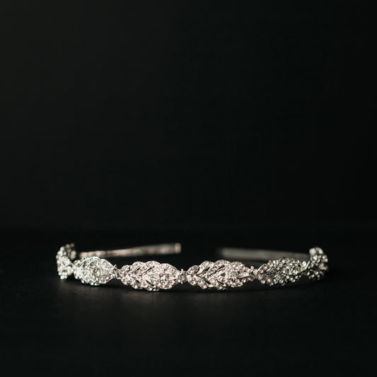 Silver head band with leaf appliques - top view 
