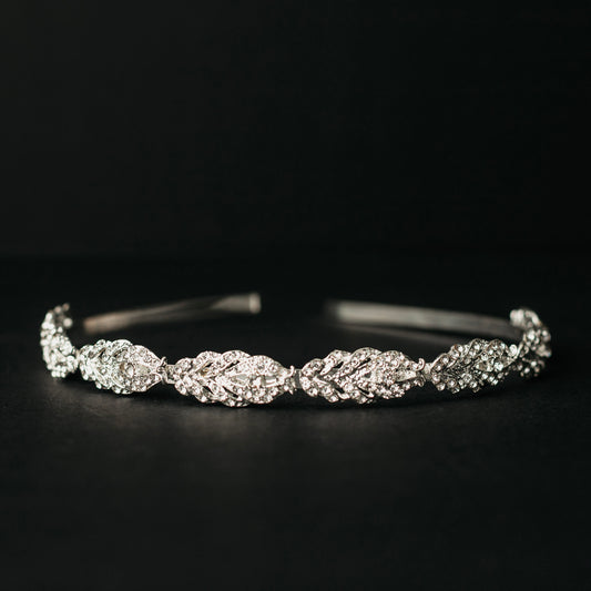 Silver head band with leaf appliques - top view center