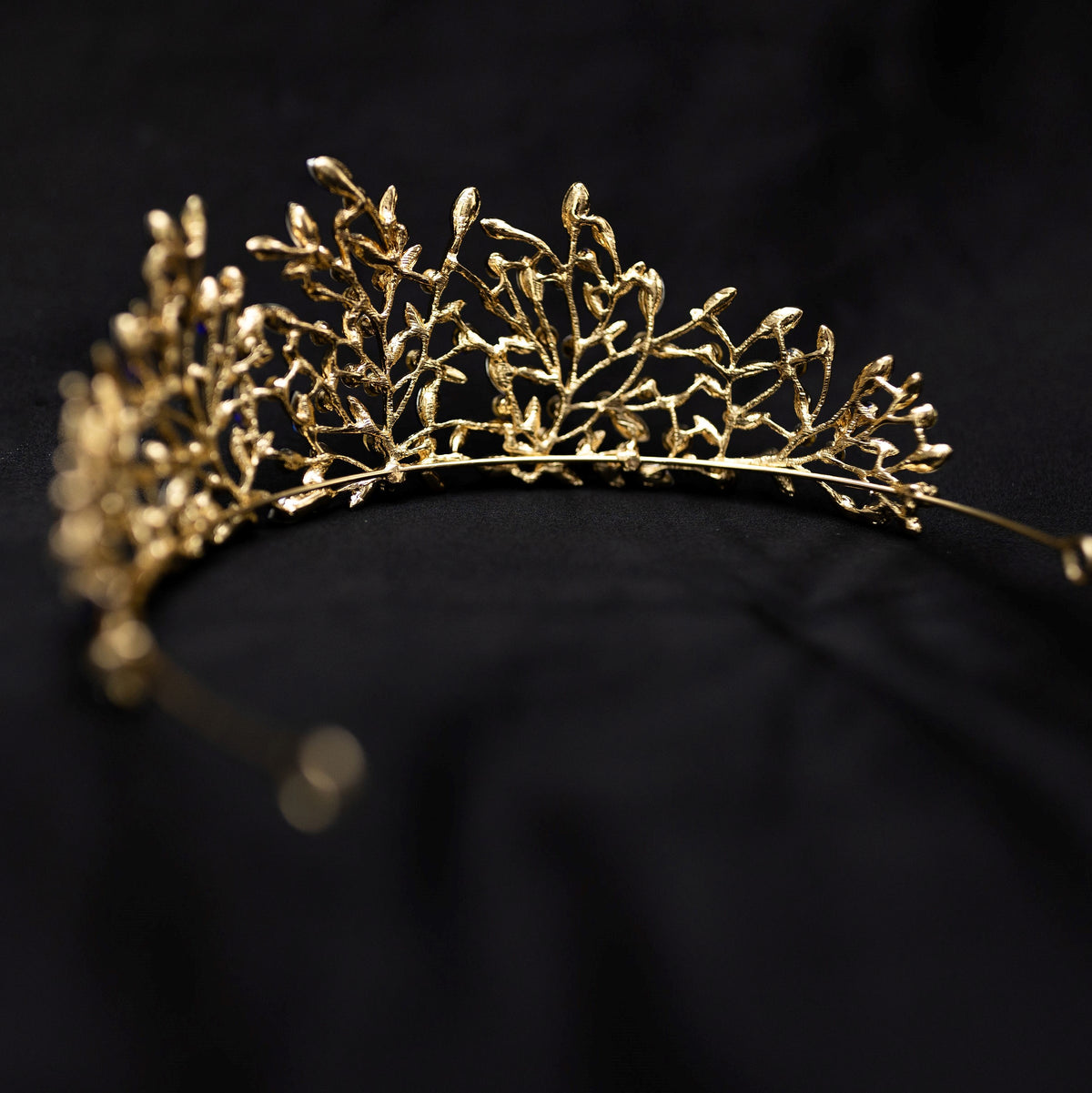 Ingrid's Tiara in Blue Color Crystals, Faux Sapphire, Clear Crystal Faux Diamond, Gold Color Metal, Leaf and Vine Detail, Mother Nature Goddess, Medium Size - Back
