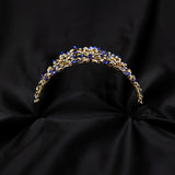 Ingrid's Tiara in Blue Color Crystals, Faux Sapphire, Clear Crystal Faux Diamond, Gold Color Metal, Leaf and Vine Detail, Mother Nature Goddess, Medium Size - Bottom