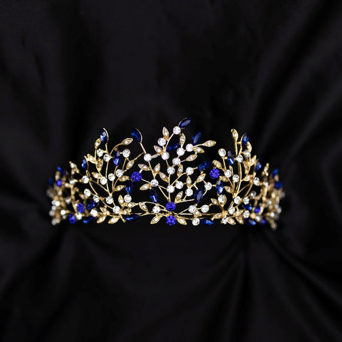 Ingrid's Tiara in Blue Color Crystals, Faux Sapphire, Clear Crystal Faux Diamond, Gold Color Metal, Leaf and Vine Detail, Mother Nature Goddess, Medium Size - Front