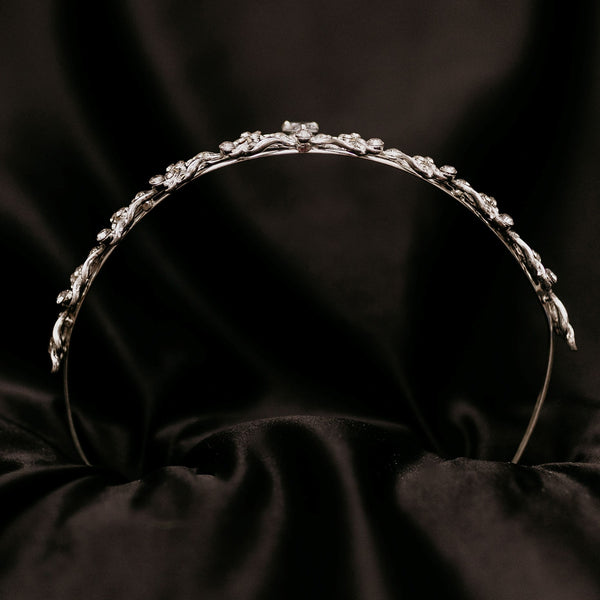 Laila's Tiara in Silver White Gold Color Metal, Clear Crystal, Faux Diamond, Low Profile Petite Dainty, Leaf and Flower Design Detail - Bottom 