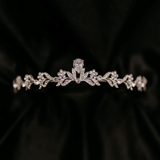 Laila's Tiara in Silver White Gold Color Metal, Clear Crystal, Faux Diamond, Low Profile Petite Dainty, Leaf and Flower Design Detail - Front 