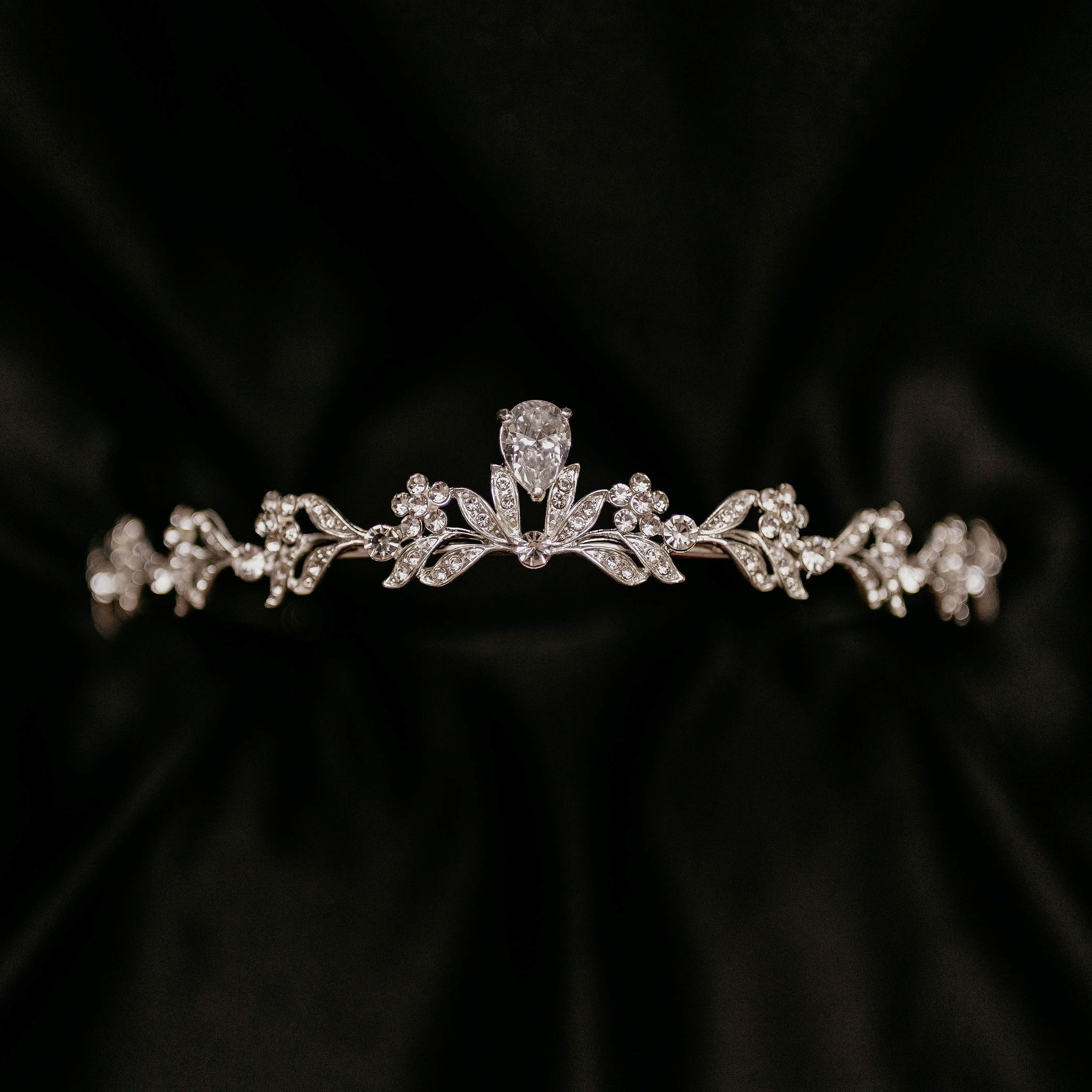 Laila's Tiara in Silver White Gold Color Metal, Clear Crystal, Faux Diamond, Low Profile Petite Dainty, Leaf and Flower Design Detail - Front 