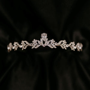 Laila's Tiara in Silver White Gold Color Metal, Clear Crystal, Faux Diamond, Low Profile Petite Dainty, Leaf and Flower Design Detail - Front 